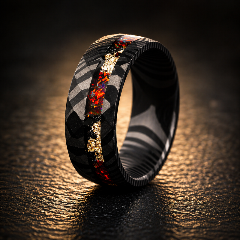 CRIMSON PROMISE - Bague de luxe pour homme en acier de Damas avec incrustation d'opale rouge et de paillettes d'or