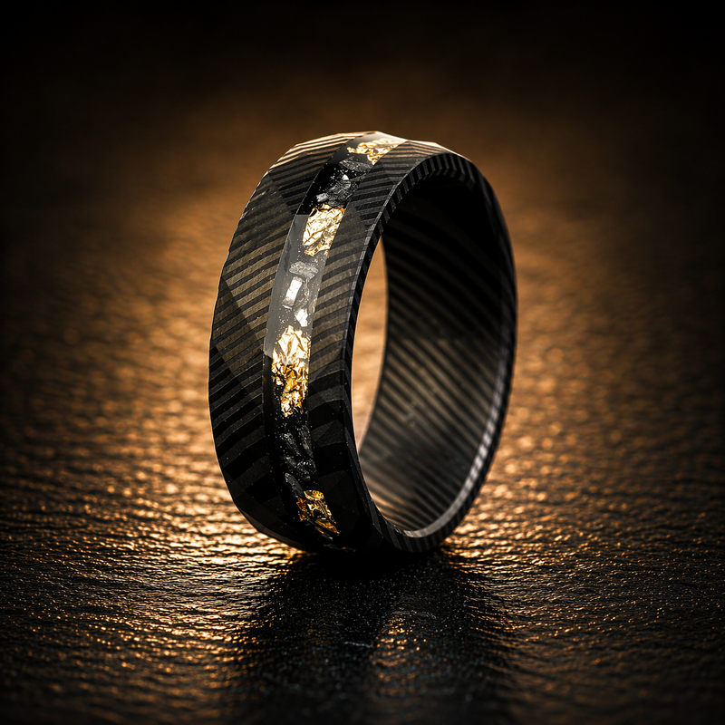 Aurum Meteora - Damascus Steel Ring with Gold Leaf & Meteorite Flakes