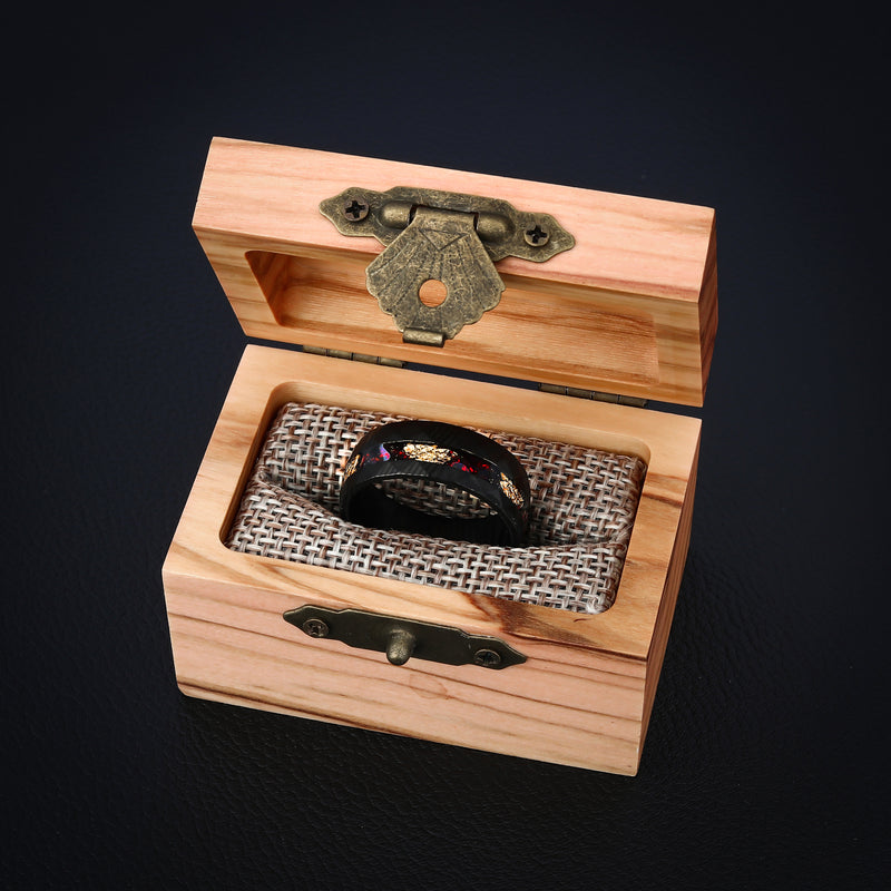 CRIMSON PROMISE - Bague de luxe pour homme en acier de Damas avec incrustation d'opale rouge et de paillettes d'or