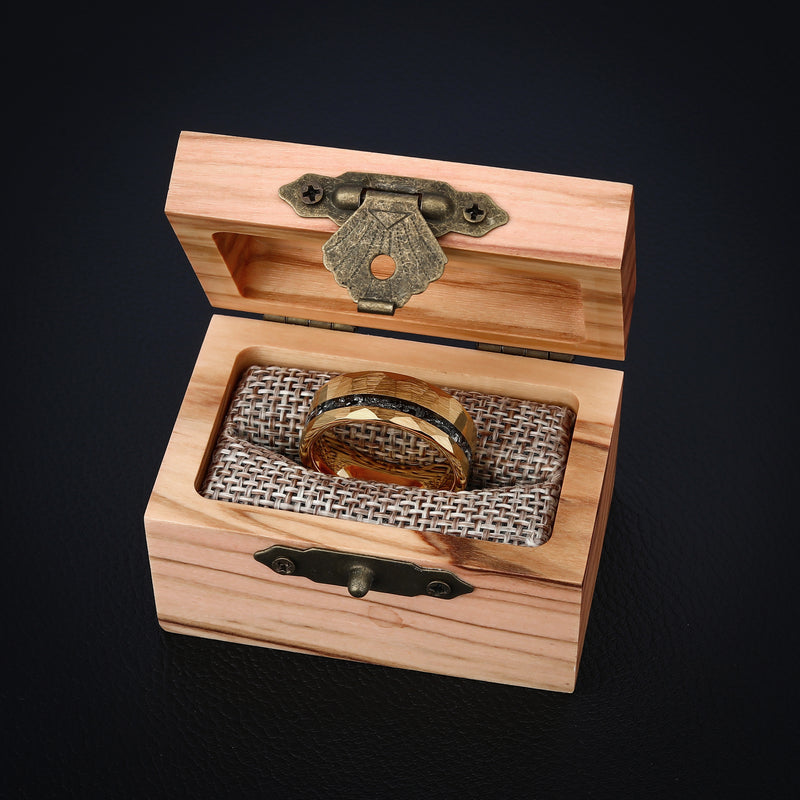 Titan Vein - Hammered Gold Tungsten Ring with Black Obsidian Inlay