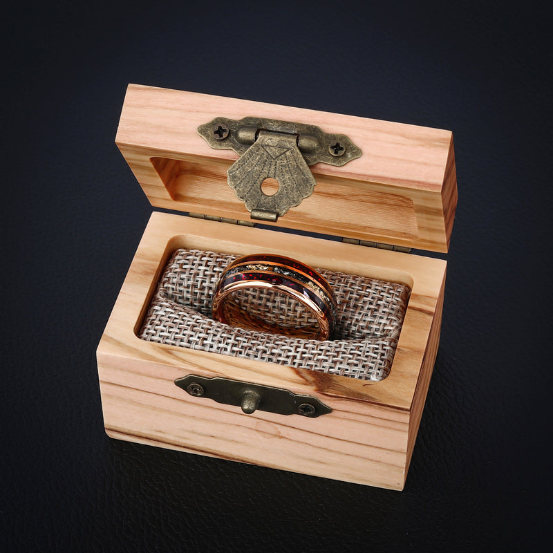 AURORA FORGE – Bague en tungstène en météorite opale rouge foncé avec flocons d'or 24 carats