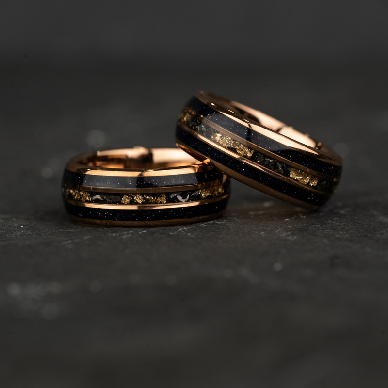 Blues Nights - Blue Opal Meteorite Tungsten Ring, 24K Rose Gold Leaf Inlay Mens Wedding Band