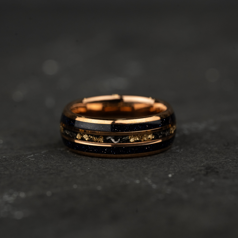 Blues Nights - Blue Opal Meteorite Tungsten Ring, 24K Rose Gold Leaf Inlay Mens Wedding Band