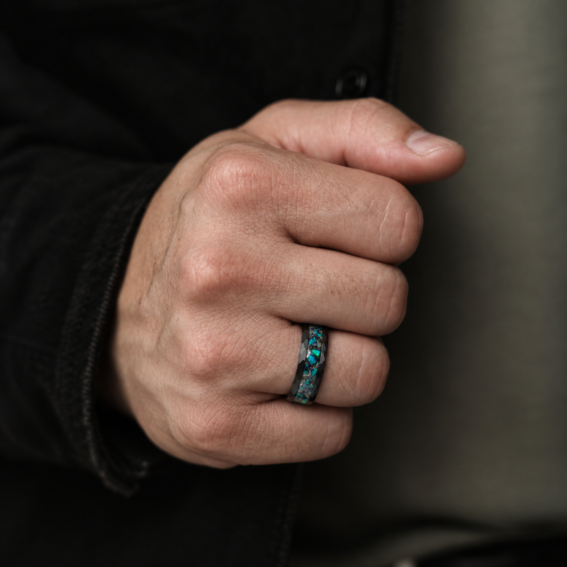 Midnight Tide — Emerald Blue Opal & Meteorite Ring
