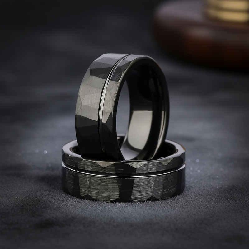 Nocturne Facet - Hammered Tungsten Wedding Ring
