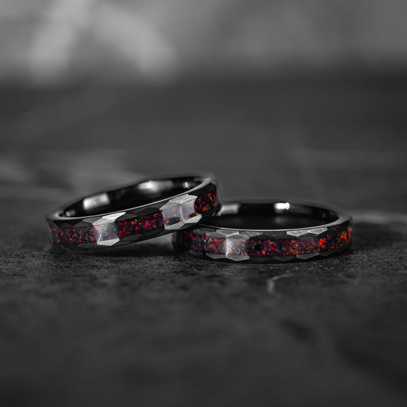 Hammer Red - Her 4mm Black & Red Opal Hammered Wedding Band