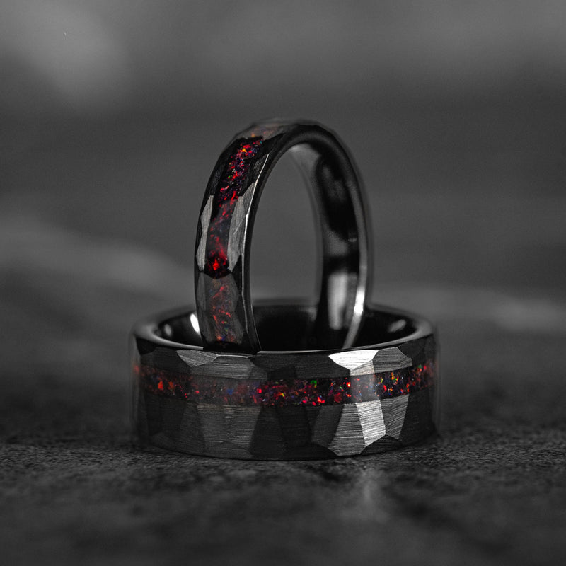 Hammer Red - Her 4mm Black & Red Opal Hammered Wedding Band
