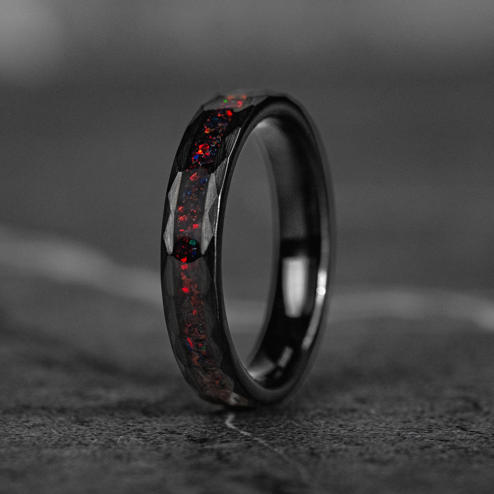 Hammer Red - Her 4mm Black & Red Opal Hammered Wedding Band